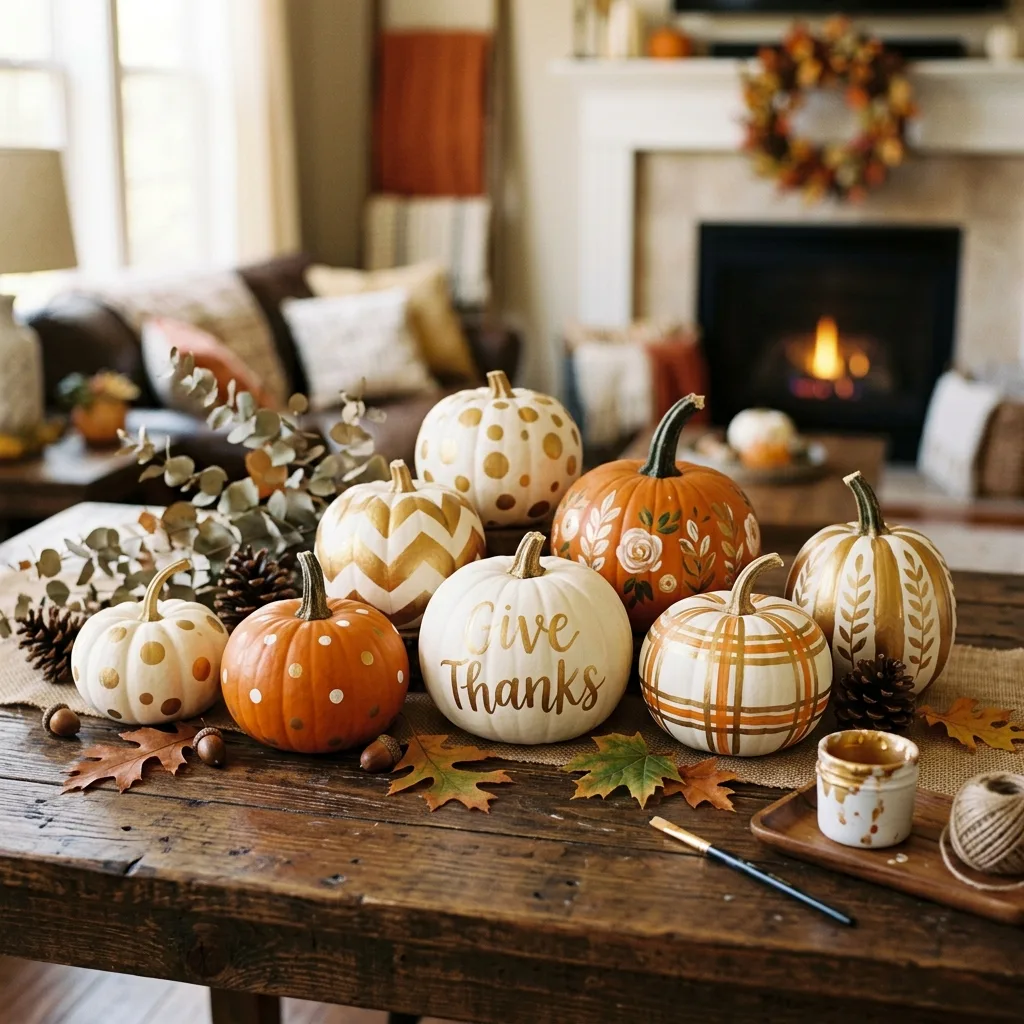 Painted pumpkin Thanksgiving craft on a wooden table